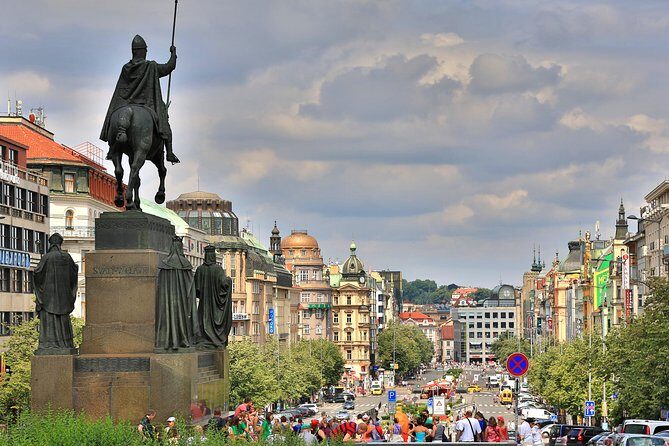 Prague: Bus Tour, Walking Tour, River Cruise and Lunch - Wenceslas Square and the Old Town Square finish: the core sights, stitched together